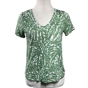 Pure Collection 100% Linen Green Leaf Print V-Neck T-Shirt Size M Casual